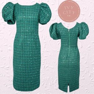 NWT Ivy City Co. Emerald Green Tweed Gold Thread Sequin Puff Sleeve Midi Dress